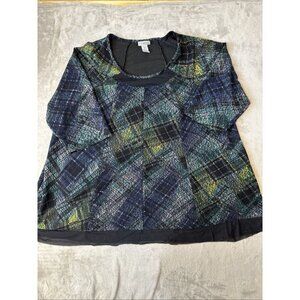 CATHERINES Womens Boho Tunic Blouse Crew Neck 3/4 Sleeve Stretch Green Blue 3X